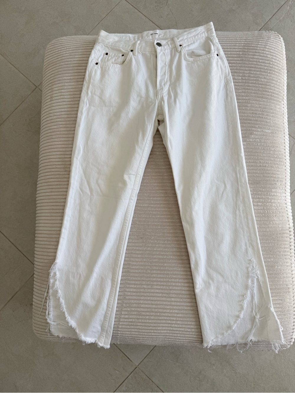 GRLFRND White Frayed Split-Hem Wide Leg Jeans